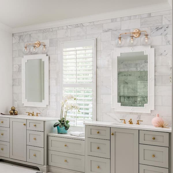 Modern Linear Vanity Light, 3-Light Gold Bathroom Wall Sconce with Globe Seeded Glass Shades