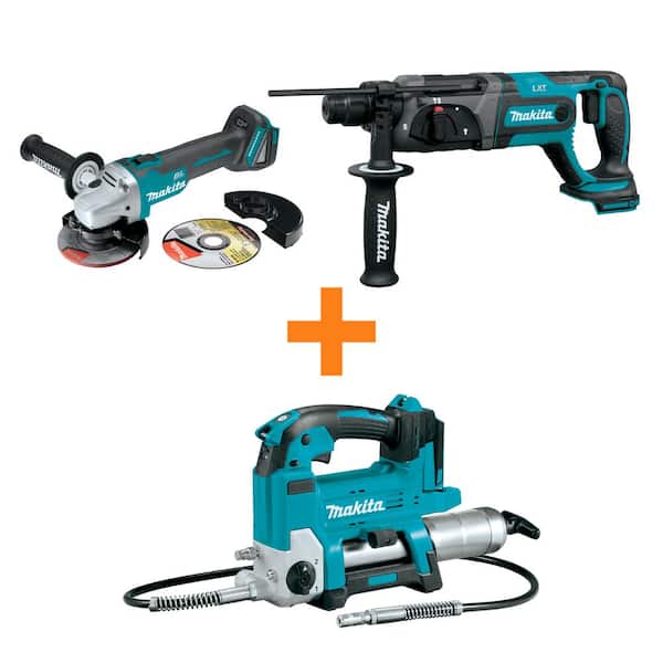 Makita 18V LXT Brushless 4-1/2/5 in. Cut-Off/Angle Grinder and 18V LXT 7/8 in. Rotary Hammer with bonus 18V LXT Grease Gun