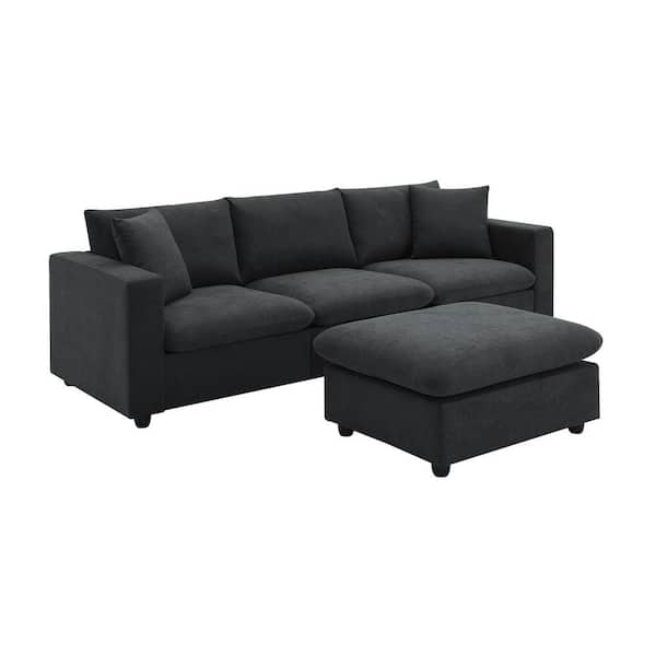 100.4 in. Square Arm Polyester L-shaped Sectional Sofa in Black with Convertible Ottoman and 2-Pillows
