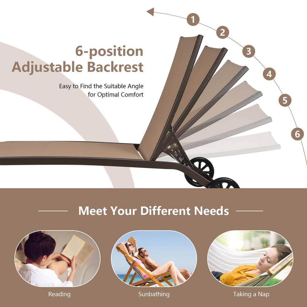 Brown Steel Adjustable Outdoor Chaise Lounge Chairs with Wheels