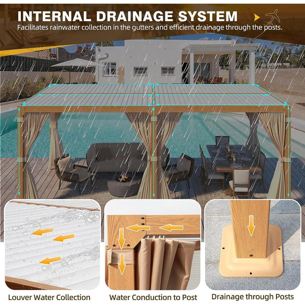 Beige Aluminum Pergola with Adjustable Roof and Curtains