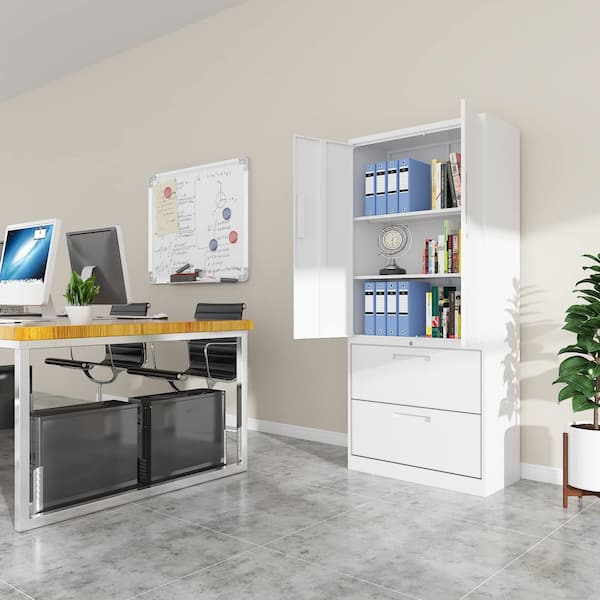 LISSIMO 31.50 in. W x 70.87 in. H x 15.75 in. D 2 Adjustable Shelves Steel Freestanding Cabinet with 2 Drawers and Lock in White
