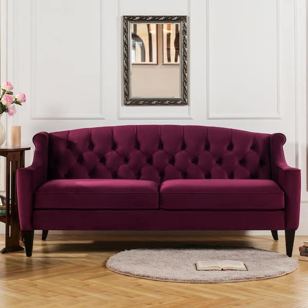 Jennifer Taylor Ken 74 in. Burgundy Velvet 3-Seater Modern Glam Sofa