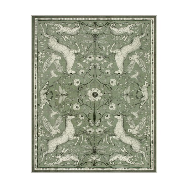 Modern Woodland Animal Botanical Washable Non Slip Dark Green 8 ft. x 10 ft. Living Room Bedroom Kids Room Area Rug