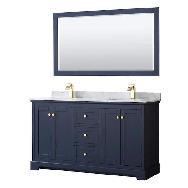 Wyndham Collection Avery 60 in. W x 22 in. D Bath Vanity in Dark Blue with Marble Vanity Top in White Carrara with White Basins and Mirror