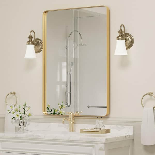 CLAVIE 20 in. W x 28 in. H Medium Square Steel Framed Wall Bathroom Vanity Mirror in Gold