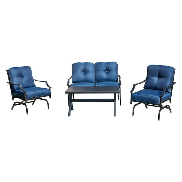 TOP HOME SPACE 4-Piece Metal Patio Conversation Set with Blue Cushions