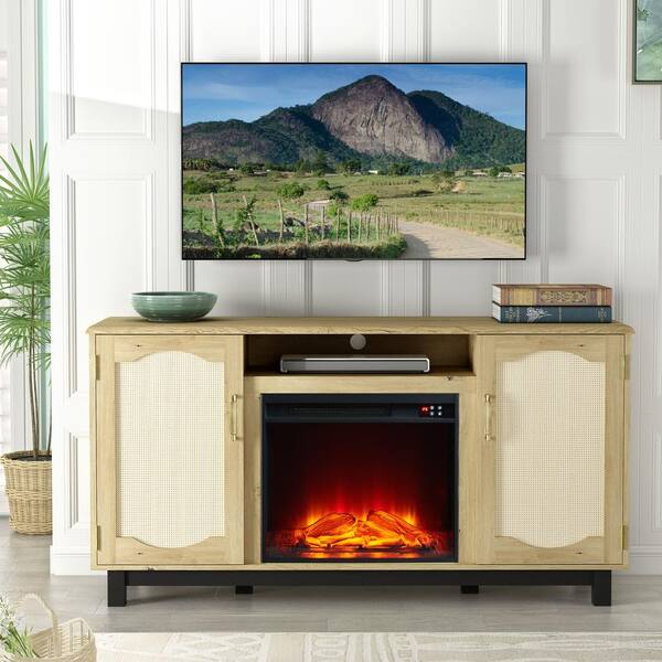 Natural wood tv stand with fireplace discount