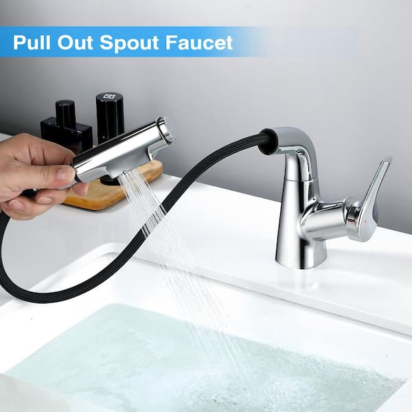 Single Handle Single Hole Pull Down Bathroom Faucet and 2-Spray Mode and Raised and Lowered Function in Polished Chrome