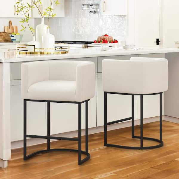 LUE BONA Jessica 26 in.Beige Modern Counter Bar Stool Fabric Upholstered Barrel Counter Stool with Metal Frame Set of 2