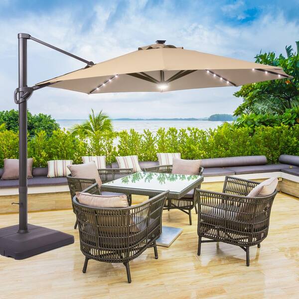 JOYESERY 11 ft. Aluminum Cantilever Patio Umbrella with a Base, Outdoor  Offset Hanging Rotation with Solar LED Lights in Sand J-UM-TJ22SD - The  Home Depot