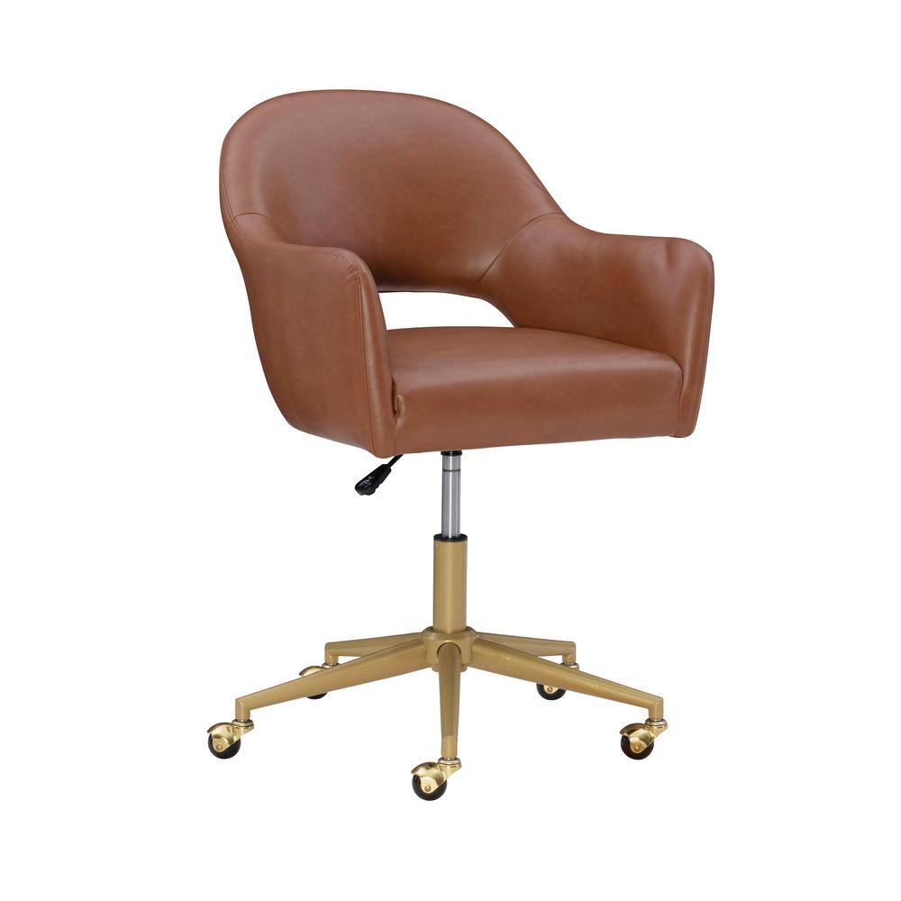 Linon Home Decor Jade Brown Saddle Faux Leather Office Chair with Gold