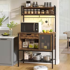 32.9in Rustic Brown Kitchen Baker's Rack with Drawer, Moru Glass Door Cabinet, 8 Hooks, and LED Light