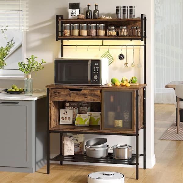 Bestier 32.9in Rustic Brown Kitchen Baker's Rack with Drawer, Moru Glass Door Cabinet, 8 Hooks, and LED Light