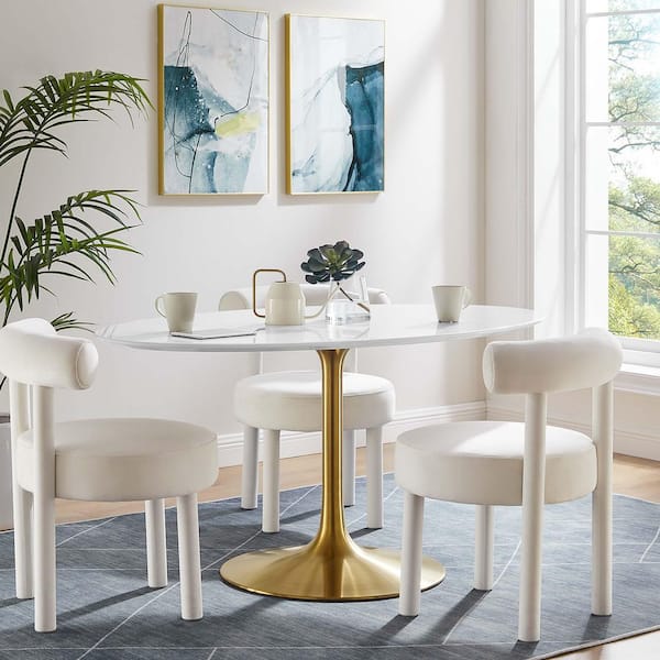 Lippa Oval Gold White MDF Wood 60 in. Pedestal Base Dining Table for 6