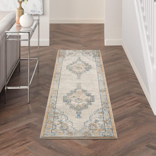 Concerto Grey/Light Blue 2 ft. x 8 ft. Bordered Traditional Kitchen Runner Area Rug