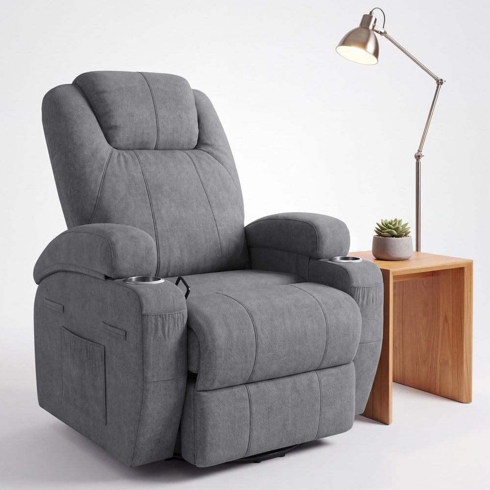 Gray Terry Cloth 360° Swivel Rocker Recliner Chair with 8-Point Massage and Cup Holders for Living Room and Home Theater