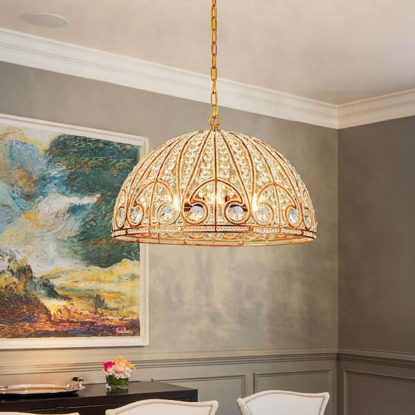 23.62 in. 6-Light Vintage Gold Large Dome Pendant Luxury Crystal Chandelier