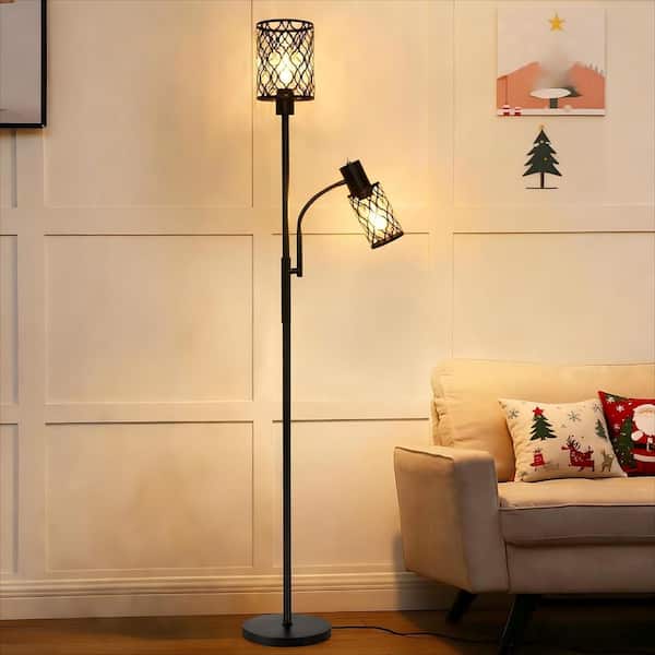 72 in. Black 2-light Standard Farmhouse Floor Lamp with Adjustable Reading Lamp, with 2 Edison Bulbs for Bedroom