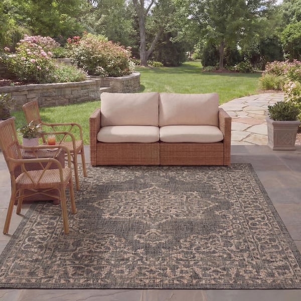 Courtyard Black/Natural 8 ft. x 11 ft. Border Ornate Indoor/Outdoor Area Rug
