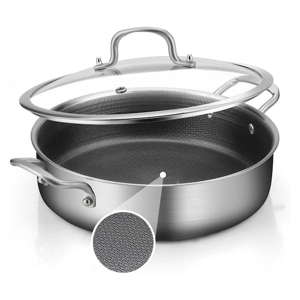 Tri-Ply Stainless Steel 5 qt. Saute Pan Round Silver Induction Dishwasher Oven Safe Chef's Cooking Pan with Lid