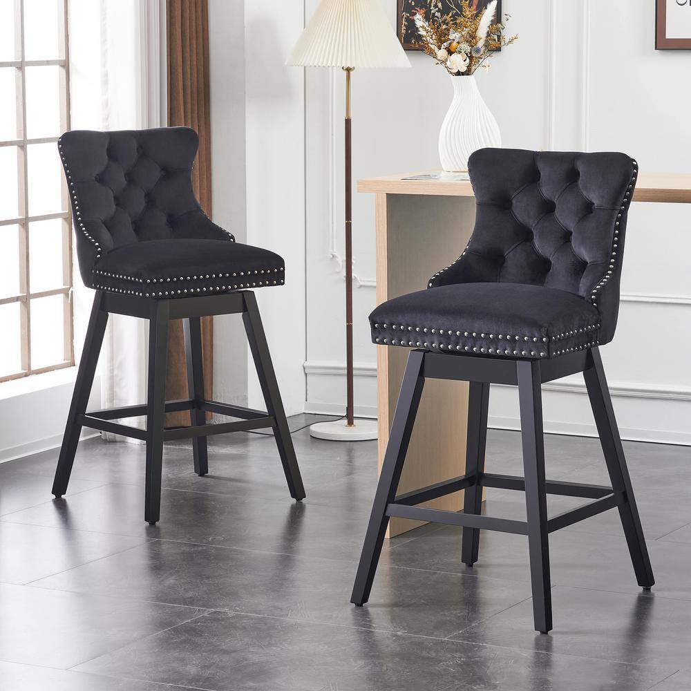 29" Black Velvet Upholstered Swivel Bar Stools with Wood Frame, Set of 2