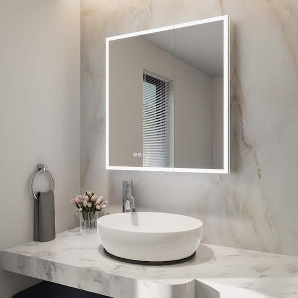 AuraX 30 in. W x 32 in. H Rectangular Recessed/Surface Mount Medicine Cabinet with Mirror, Backlit and Front LED