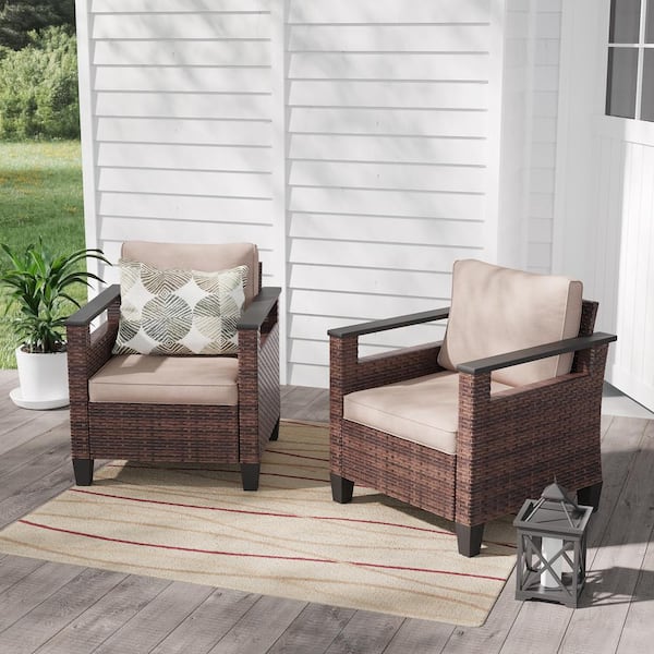 2-Pieces Brown PE Wicker Patio Chairs Set All-Weather Patio Conversation Couch with Sand Cushion