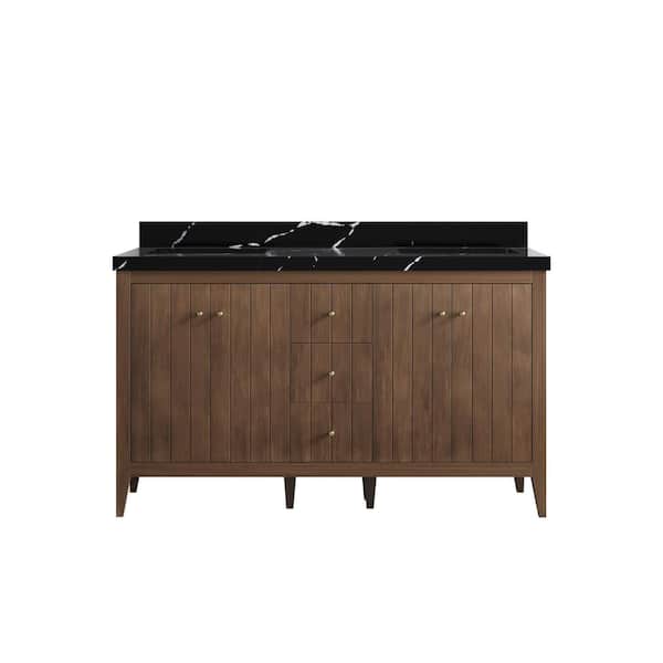 Willow Collections Atlanta Teak 60 in. W x 22 in. D x 36 in. H Double Sink Bath Vanity in Dark Natural with 2 in. Calacatta Black qt. Top