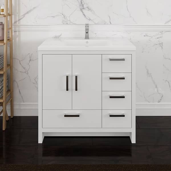 Imperia 36 in. Modern Bathroom Vanity in Glossy White with RHS Drawers, Vanity Top in White with White Basin