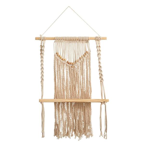 Nearly Natural 5 in. x 17 in. x 24 in. Cream Wood Macrame Boho Chic Single Shelf Woven Beads Wall Art Decor