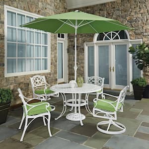 Sanibel White 7-Piece Cast Aluminum Round Outdoor Dining Set with Green Cushions and Umbrella