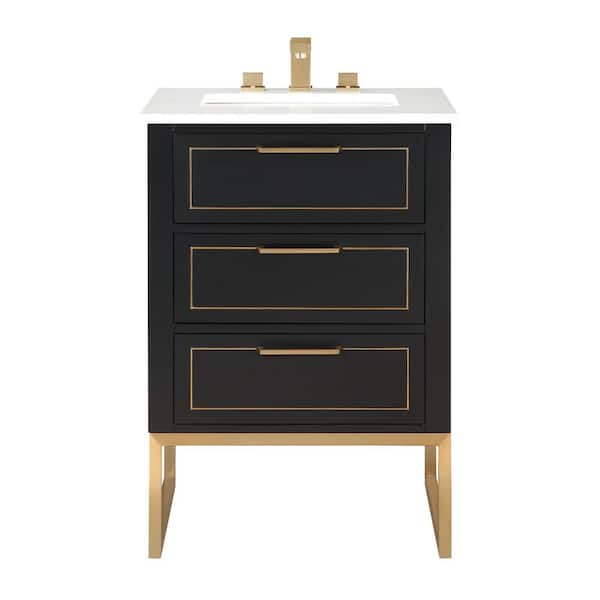 Markham 24in. W x 22in. D x 34in. H Free-standing Single Bath Vanity in Black/Satin Brass with White Quartz top