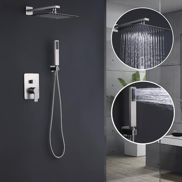 2 Spray 10 in. Dual Handle Wall Mounting Shower Head and Handled Shower Head 1.8 GPM in Brushed Nickel
