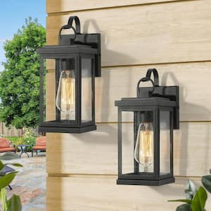 1-Light Matte Black Hardwired Outdoor Wall Lantern Sconce with Seeded Glass Shade (2-Pack)