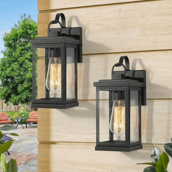 LNC 1-Light Matte Black Hardwired Outdoor Wall Lantern Sconce with Seeded Glass Shade (2-Pack)