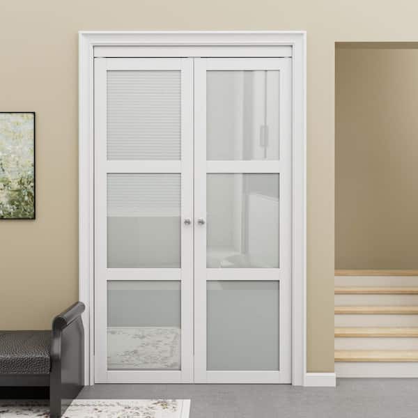 48 in. x 80 in. 3-Lite Frosted Glass Solid Core White Finished Glass (Pivot French) Bi-fold Door with Pivot Hardware