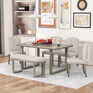 Retro-Style 6-Piece Light Khaki Rectangular MDF Top Dining Table Set Seats-6 with 4-Upholstered Chairs and Bench