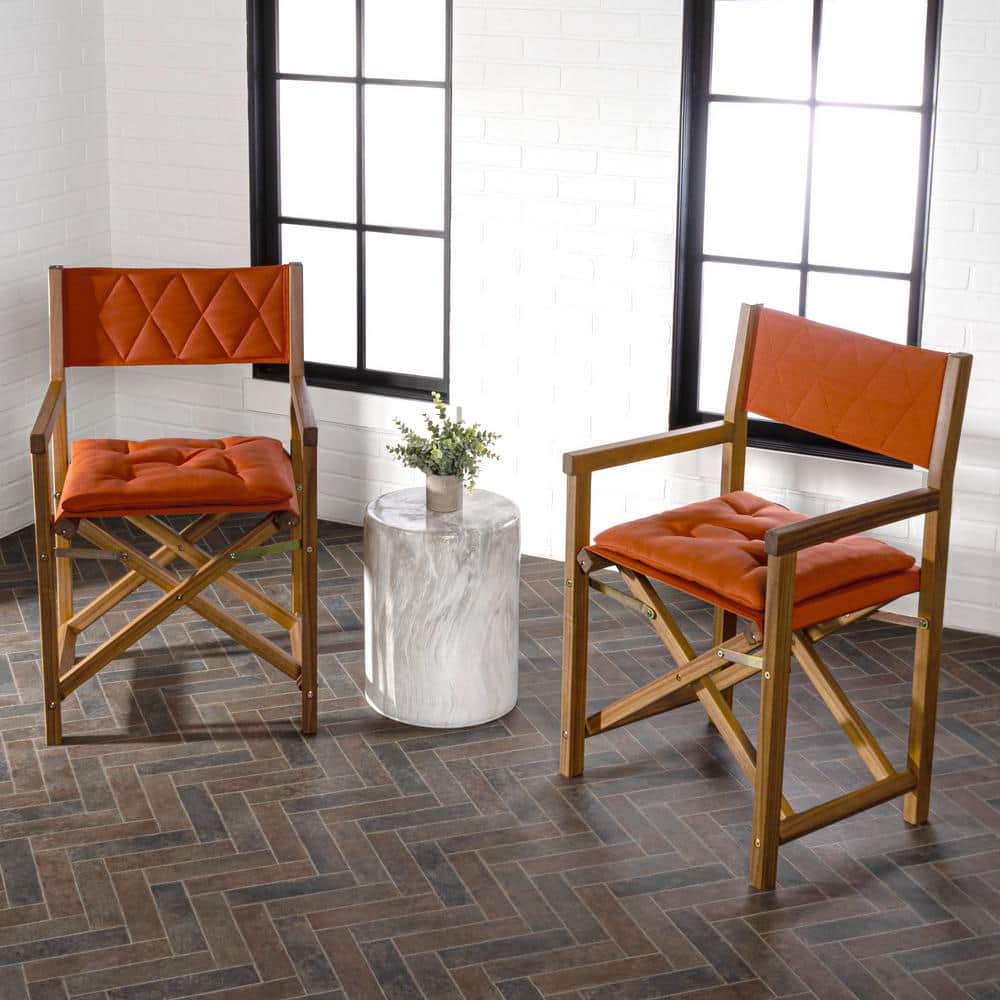 Mid-Century Teak Brown Acacia Wood Director Chair with Orange Cushions