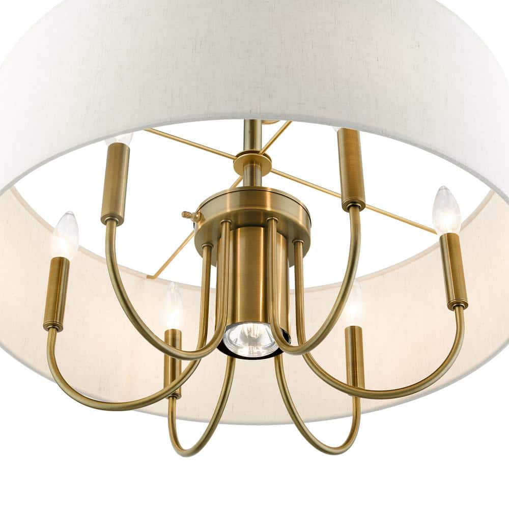 Blossom Antique Brass 7-Light Drum Chandelier with Oatmeal Shade