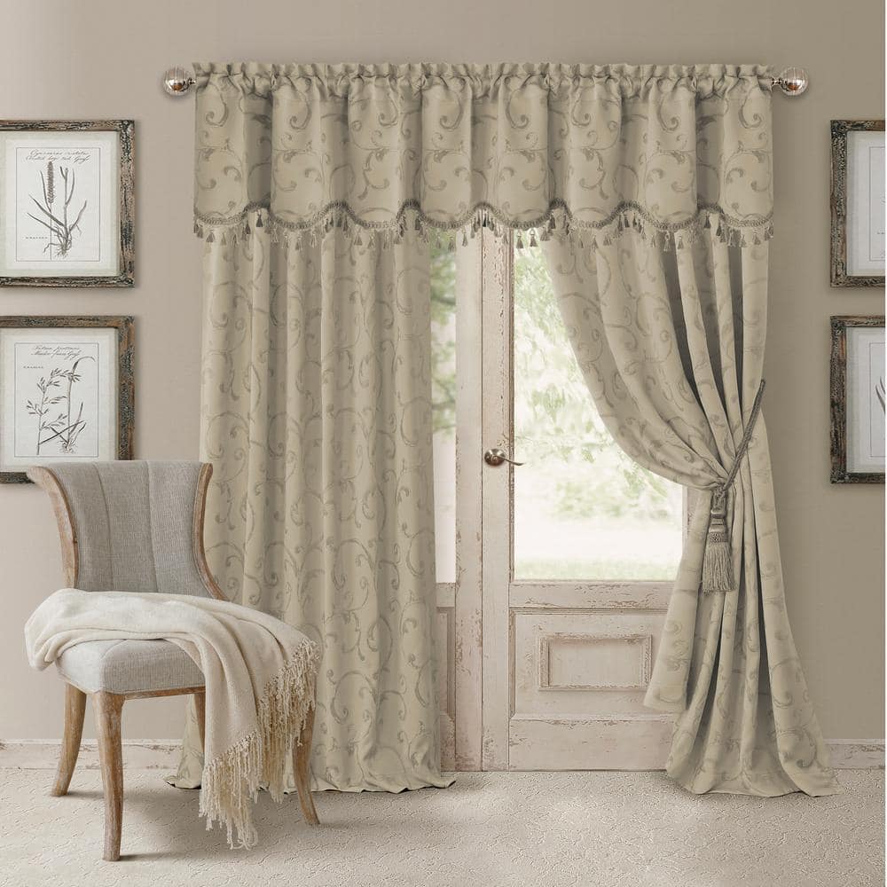 Natural Jacquard Scroll Blackout Valance with Tassel Trim
