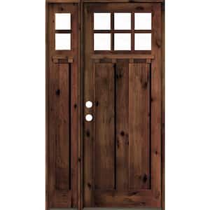50 in. x 96 in. Craftsman Alder Right-Hand Clear Glass Red Mahogany Stain Wood Prehung Front Door/Left Sidelite with DS