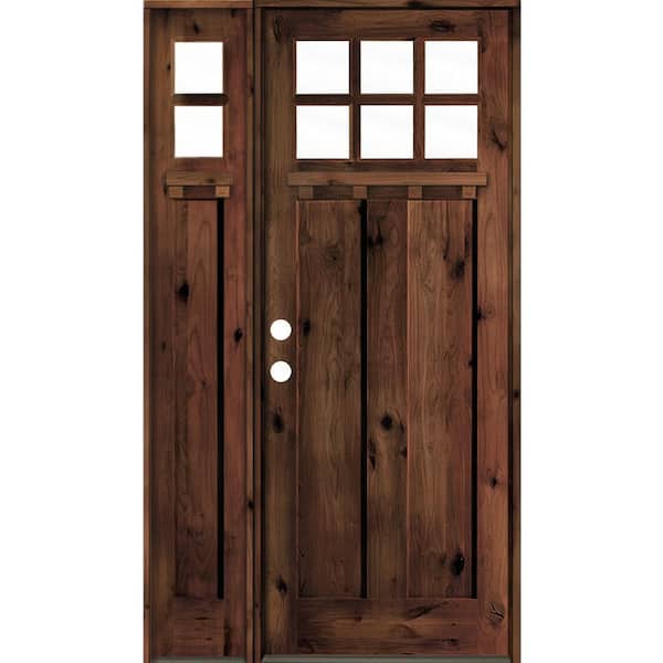 Krosswood Doors 56 in. x 96 in. Craftsman Alder Right-Hand Clear Glass Red Mahogany Stain Wood Prehung Front Door/Left Sidelite with DS