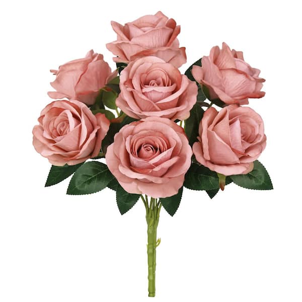 16 in. Dusty Rose Red Artificial Velvet Rose Flower Stem Bush Bouquet (Set-2)