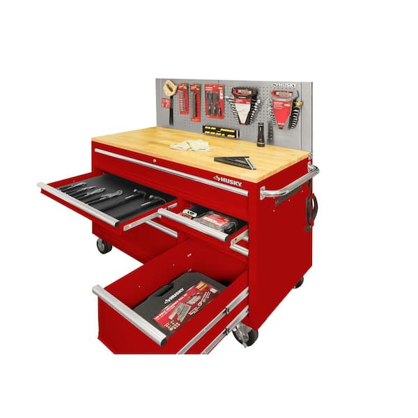 52 in. W x 24.5 in. D 9-Drawer Standard Duty Mobile Workbench Tool Chest with Solid Work Top and Pegboard in Gloss Red