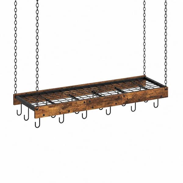 Hanging Pot Rack with 18 S-Shaped Hooks for Kitchen, Ceiling Mounted Pot Rack for Cookware Storage, Brown and Black
