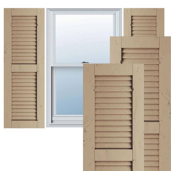 Ekena Millwork Timberthane Knotty Pine 18 in. W x 90 in. H Louvered Polyurethane Shutters Pair in Primed Tan (Sold As Pair)