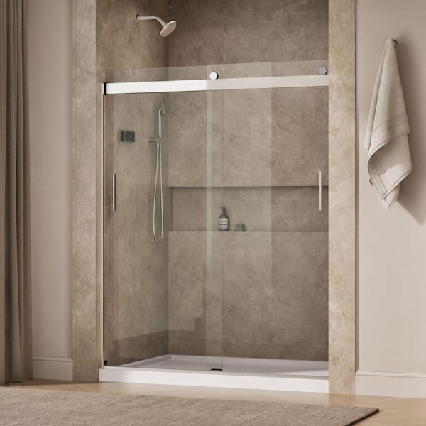 Levity 56-60 in. W x 74 in. H Frameless Sliding Shower Door in Bright Silver with 1/4 in. Thick Clear Tempered Glass