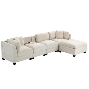 128.7 in. W Polyester L-shaped Modern Sectional Sofa in. Beige with Storage Ottoman and Hidden Cup Holders