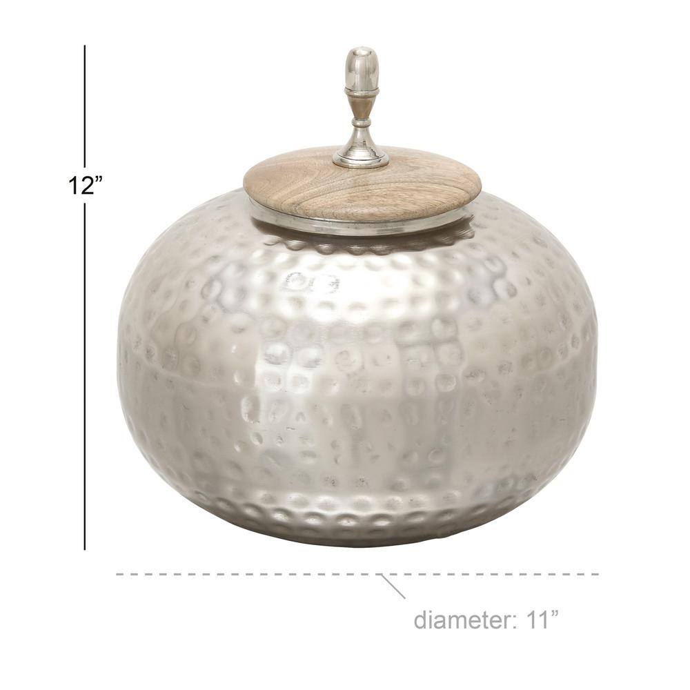 Silver Hammered Metal Decorative Jar with Wood Lid